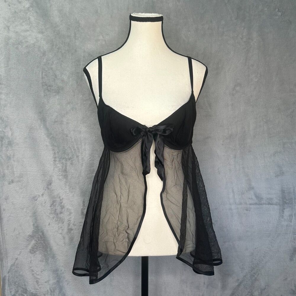 Victoria's Secret Mesh Cami Lingerie Babydoll Night Gown Sz L Satin Bow Trim